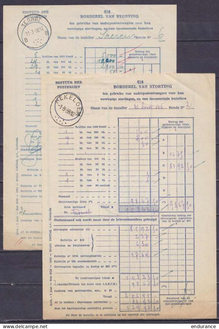 Lot 4 bordereaux de dépôt (documents internes de la Poste) càd HEKELGEM & TERNAT 1958 - affr. Types Poortman & Baudouin