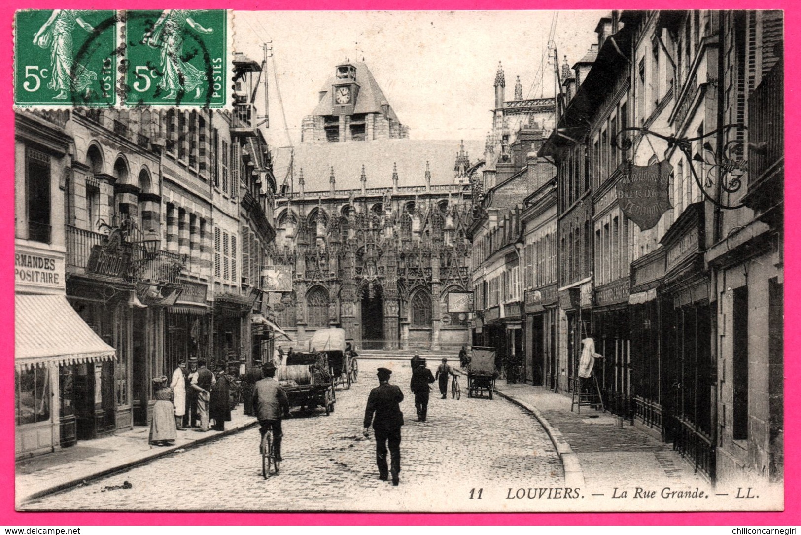 Louviers - La Rue Grande - Charrette - Animée - Commerces Antiquités, Imprimerie, Garage - LL - 1909 - Oblit. LOUVIERS