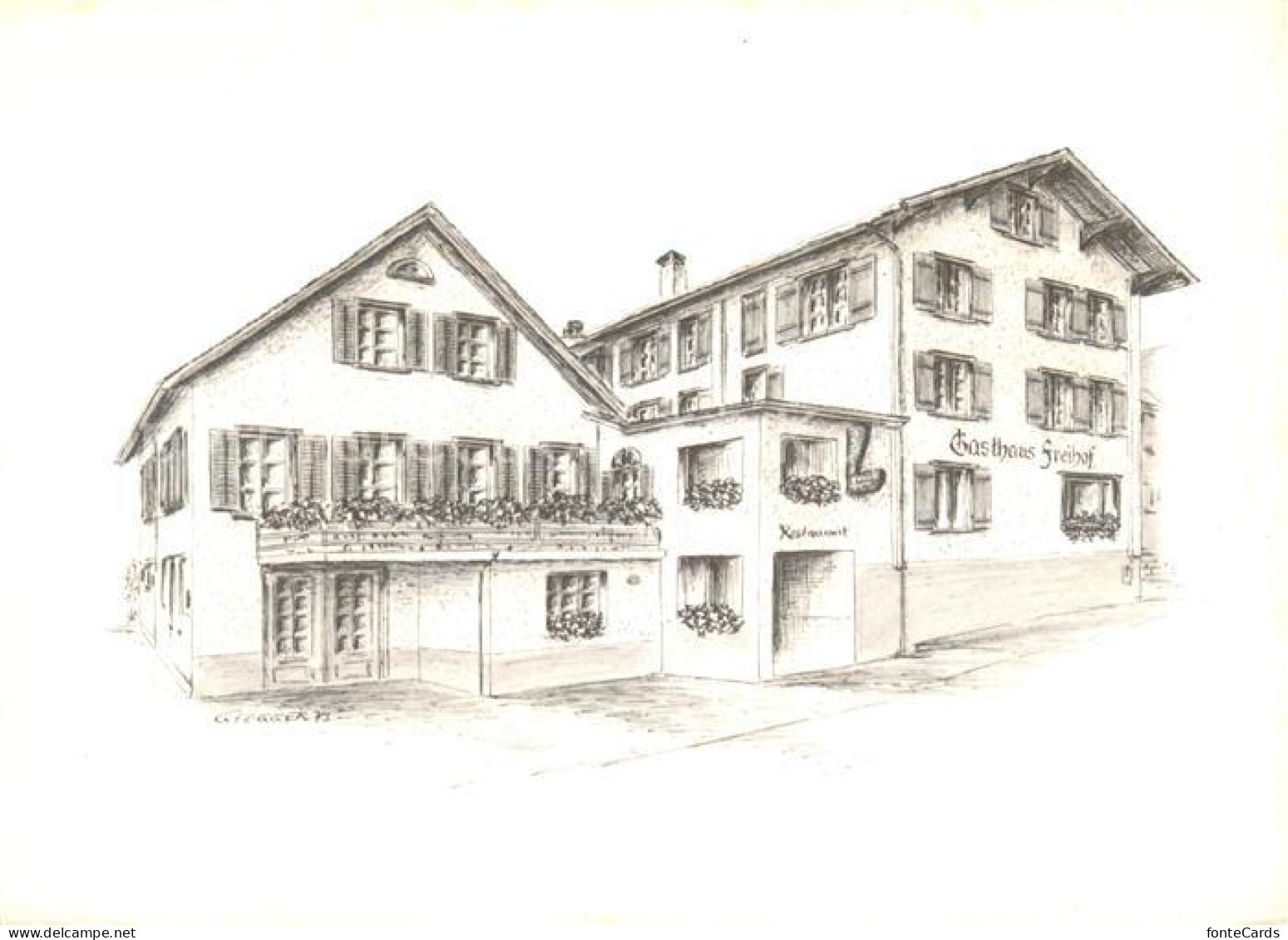 Luchsingen Hotel Restaurant Freihof Zeichnung Kuenstlerkarte