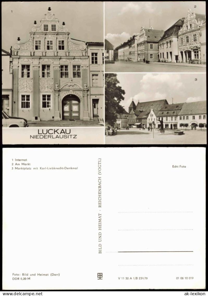 Luckau Łuków DDR Mehrbild-AK mit Internat, Am Markt, Marktplatz 1979