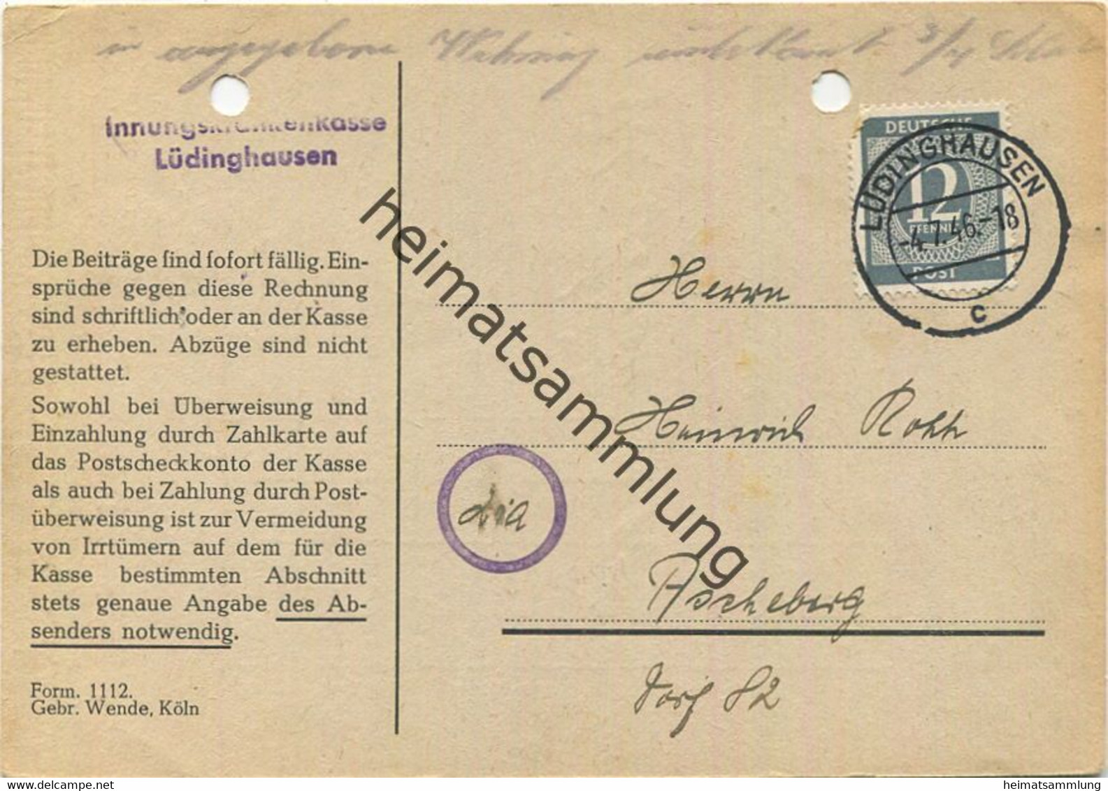 Lüdinghausen - Beitragsrechnung der Innungskrankenkasse der Kreishandwerkerschaft - Beleg ist gelocht gel. 1946