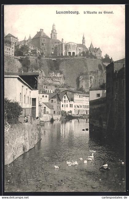 AK Luxemburg, L`Alzette au Grund, Gänse auf dem Fluss unterhalb der Stadt