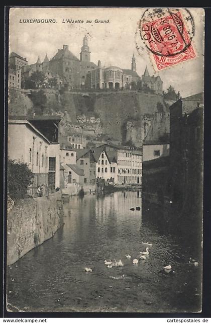 AK Luxemburg, L`Alzette au Grund, Gänse auf dem Fluss unterhalb der Stadt