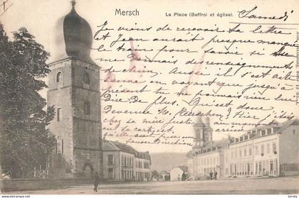 Luxembourg Mersch la place beffroi et église CPA + timbre cachet ambulant Troisvierges
