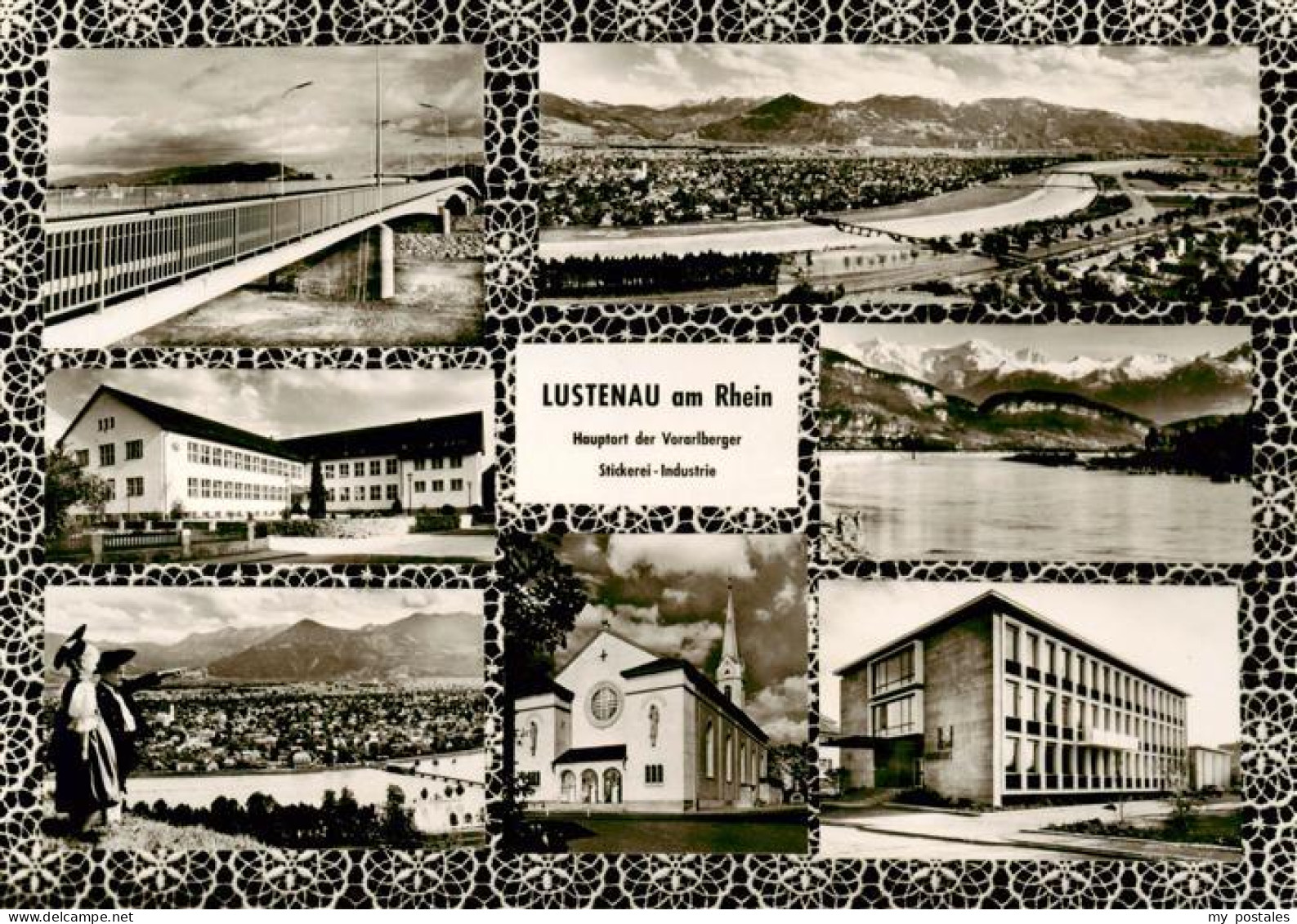 Lustenau AT Hauptort der Vorarlberger Stickerei-Industrie Bruecke Alpenpanorama