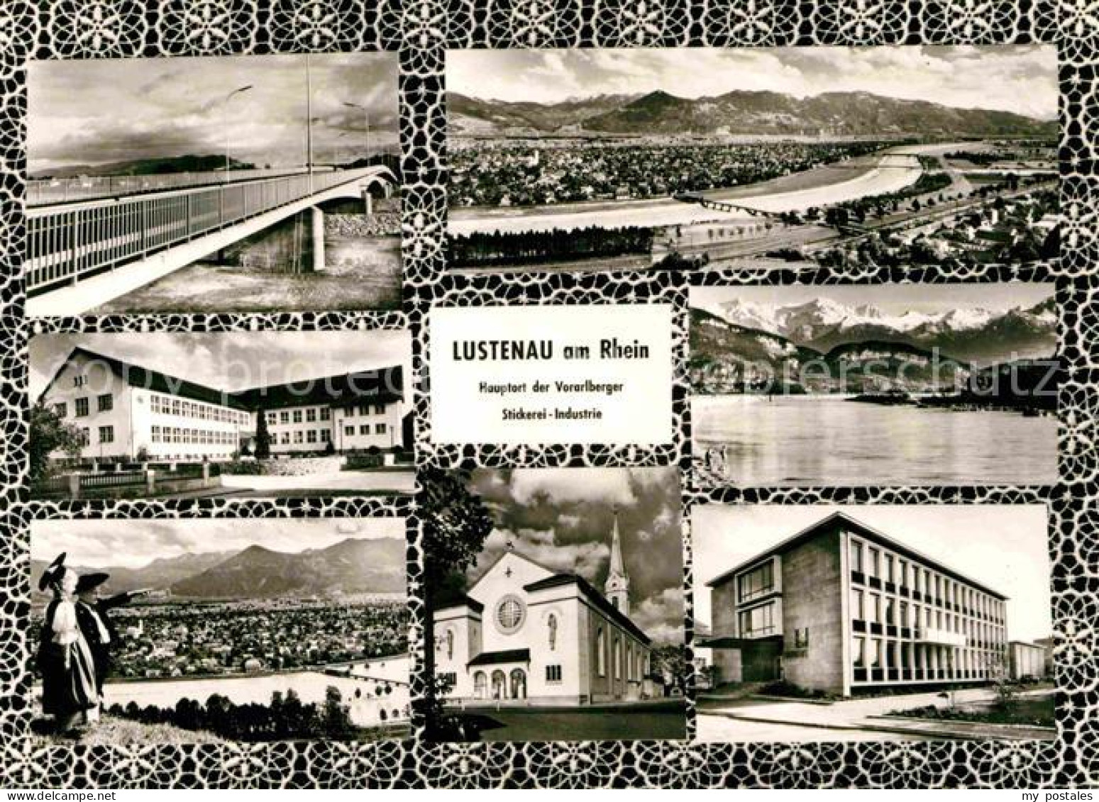 Lustenau Rhein Bruecke Landschaftspanorama Alpen Stickerei Industrie