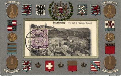 Gaufré Blason Passepartout CPA Luxemburg Stadt, Faubourg Grund