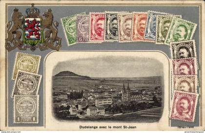 Gaufré Blason Timbres Passepartout CPA Dudelange Düdelingen Luxemburg, Panorama, Mont St Jean