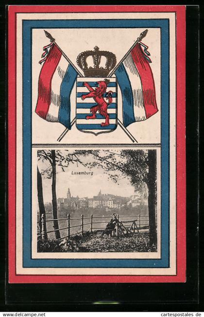 AK Luxemburg, Aussicht auf die Stadt, Fahne und Wappen