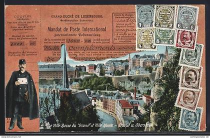 AK Luxemburg, Brief mit Briefmarken und Blick auf die Stadt