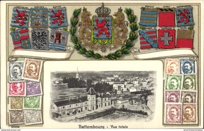 CPA Bettemburg Bettembourg Luxemburg, Luxemburg, Wappen, Farbige Briefmarken, historische Gebäude