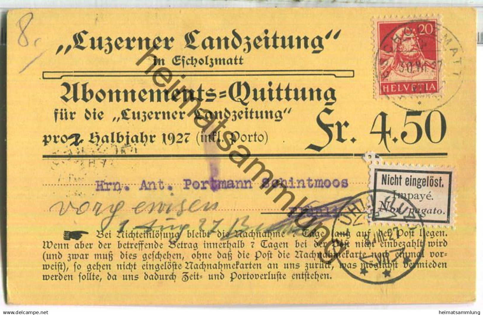 Luzerner Landzeitung in Escholzmatt - Abonnements-Quittung für 2. Halbjahr 1927 - Nicht eingelöst Flühli (Luz.)