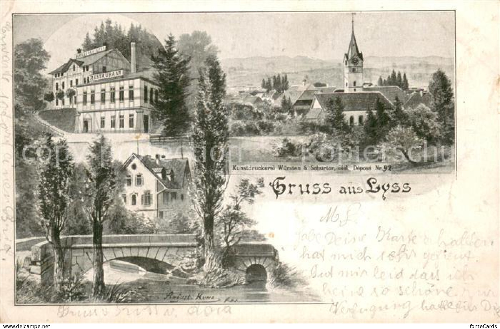 Lyss BE Hotel Restaurant Bruecke Kirche Kuenstlerkarte