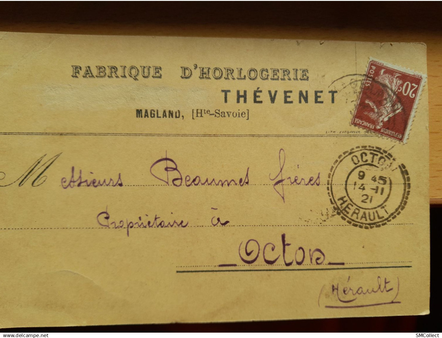 Magland. Carte postale à entête de la Fabrique d'horlogerie Thevenet (nom de l'associé effacé par grattage) (A21p59)