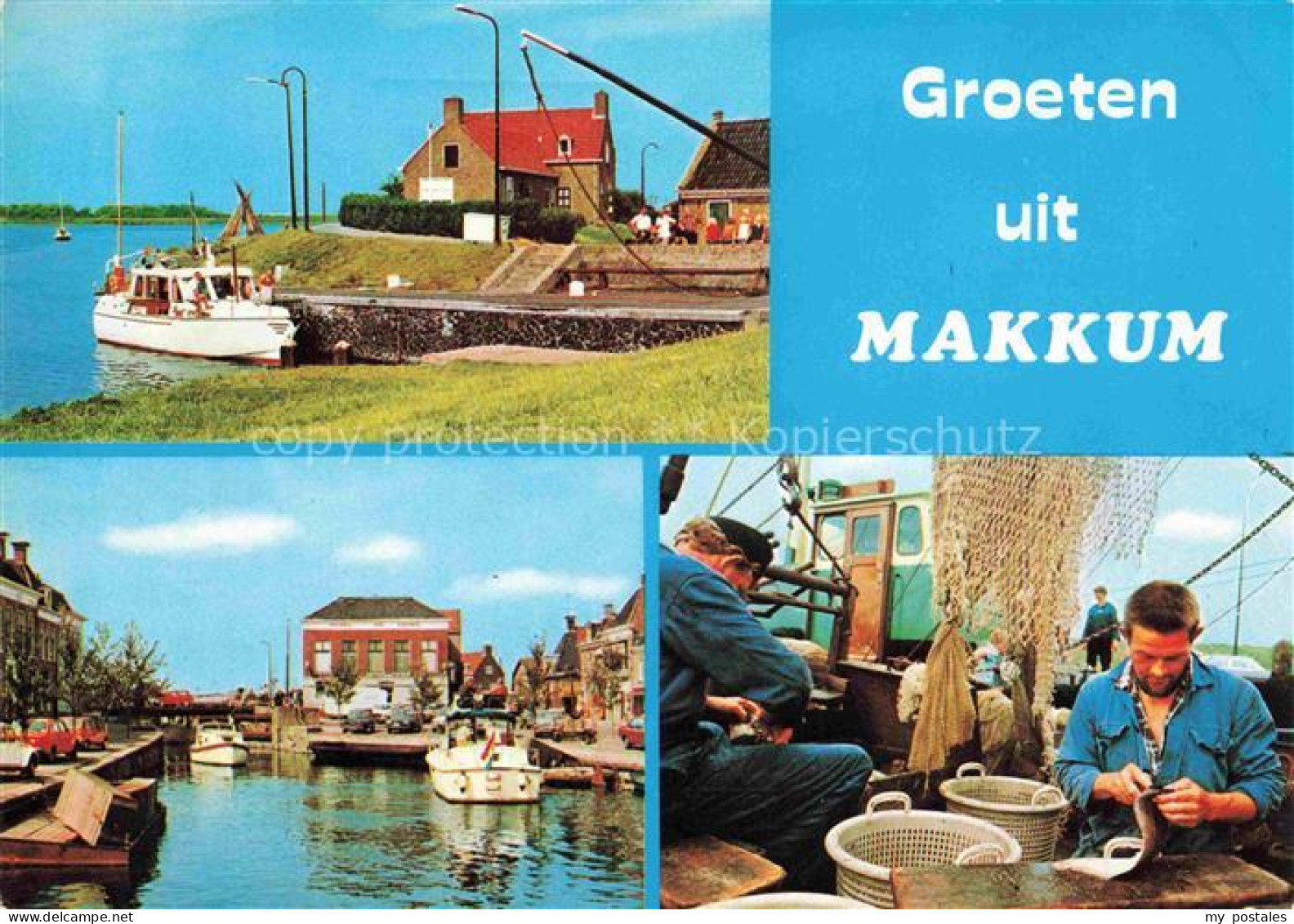 Makkum Friesland NL Kanal Bootshafen Fischer beim Netztflicken
