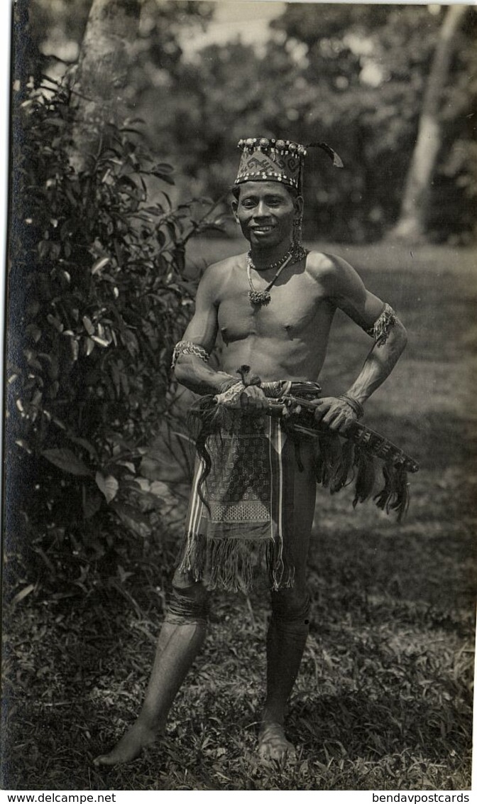 malay malaysia, BORNEO SARAWAK, Armed Native DAYAK Warrior (1910s) RPPC Postcard