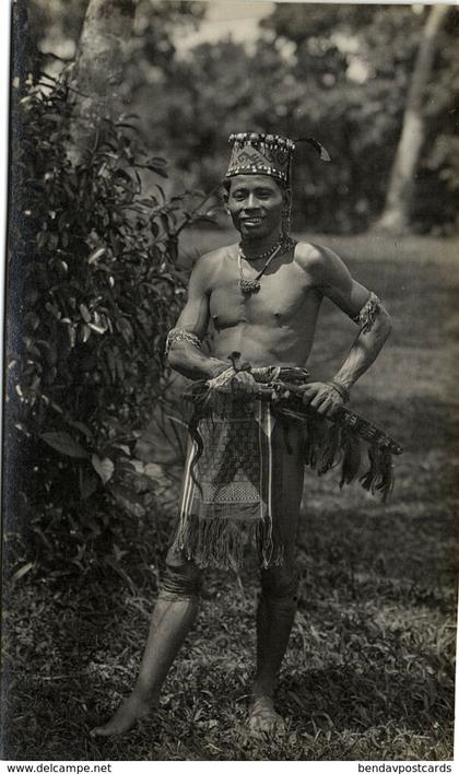 malay malaysia, BORNEO SARAWAK, Armed Native DAYAK Warrior (1910s) RPPC Postcard