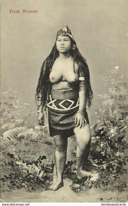straits, Malay Malaysia, BORNEO SARAWAK, Topless Dayak Woman (1910s) Postcard