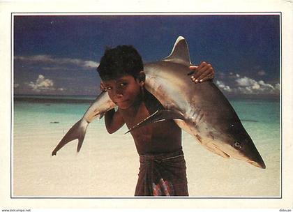 Maldives - White-tipped shork camed by a young child - Les eaux transparentes de l'Océan Indien sont, aux Maldives, caos