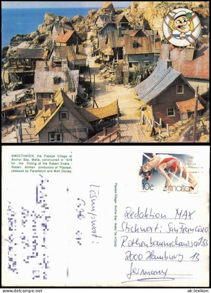 Postcard Malta SWEETHAVEN the Popeye Village at Anchor Bay, Malta 1992