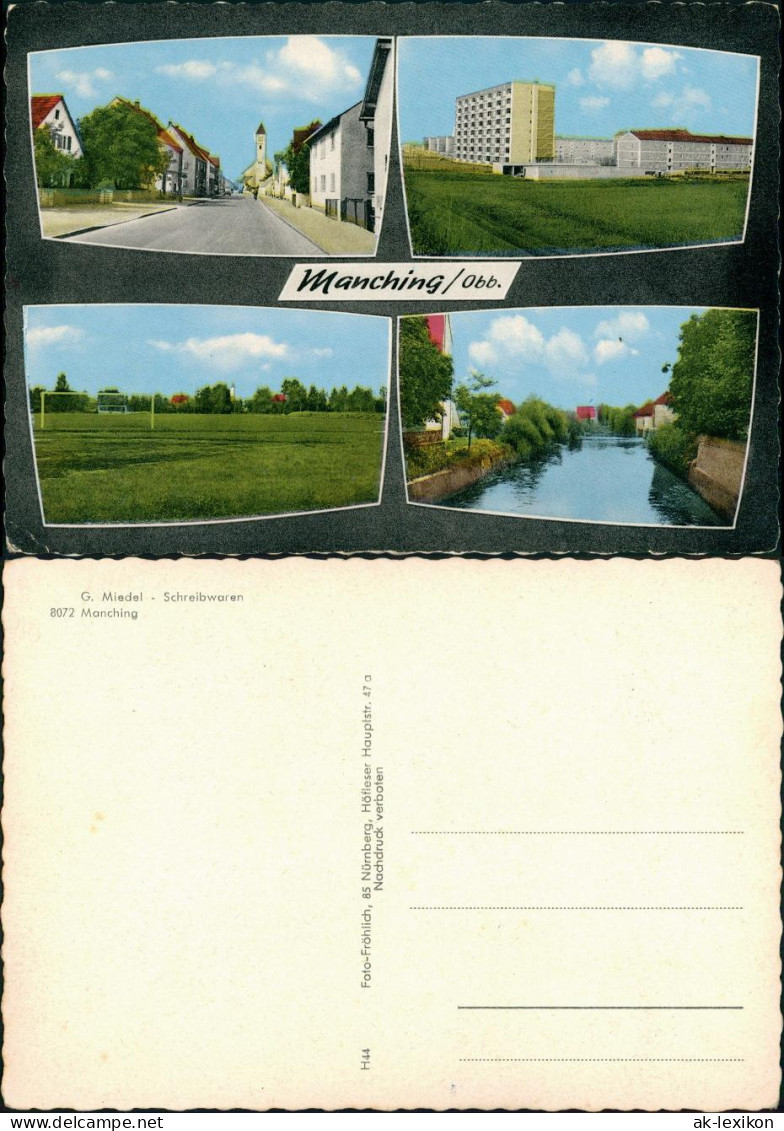 Manching 4 Echtfoto-Ansichten ua. Strassen, Sportplatz (Mehrbild-AK) 1965