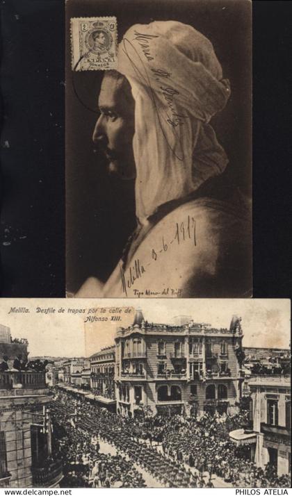 Marruecos Español Maroc Espagnol 2 tarjeta postal Tipo moro del Riff Melilla + Melilla desfile de tropas por la calle