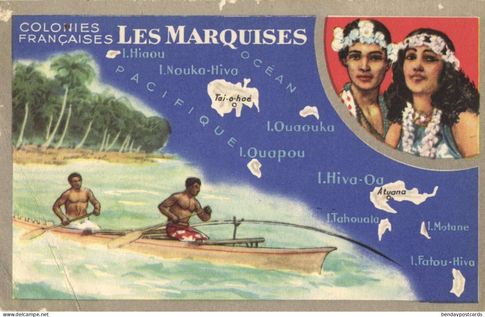 Marquesas Islands, Native People, Canoe (1920s) French Polynesia Map Trade Card