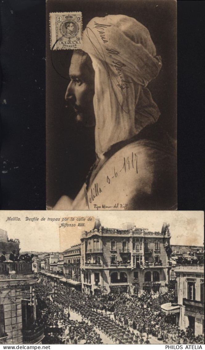Marruecos Español Maroc Espagnol 2 tarjeta postal Tipo moro del Riff Melilla + Melilla desfile de tropas por la calle