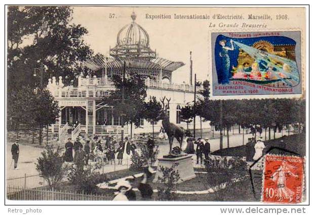 Marseille - Exposition Internationale d'Electricité 1908, la Grande Brasserie ( vignette, cachet hexagonal)