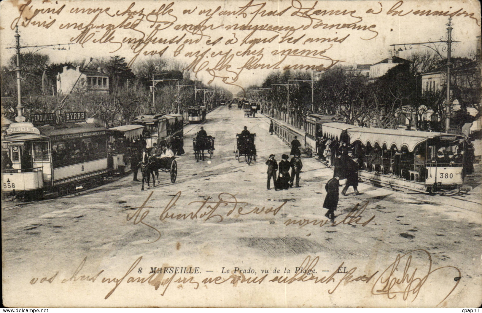 Marseille - Le Prado vu de la Plage tramway - Byrrh - liqueur - alcool - CPA