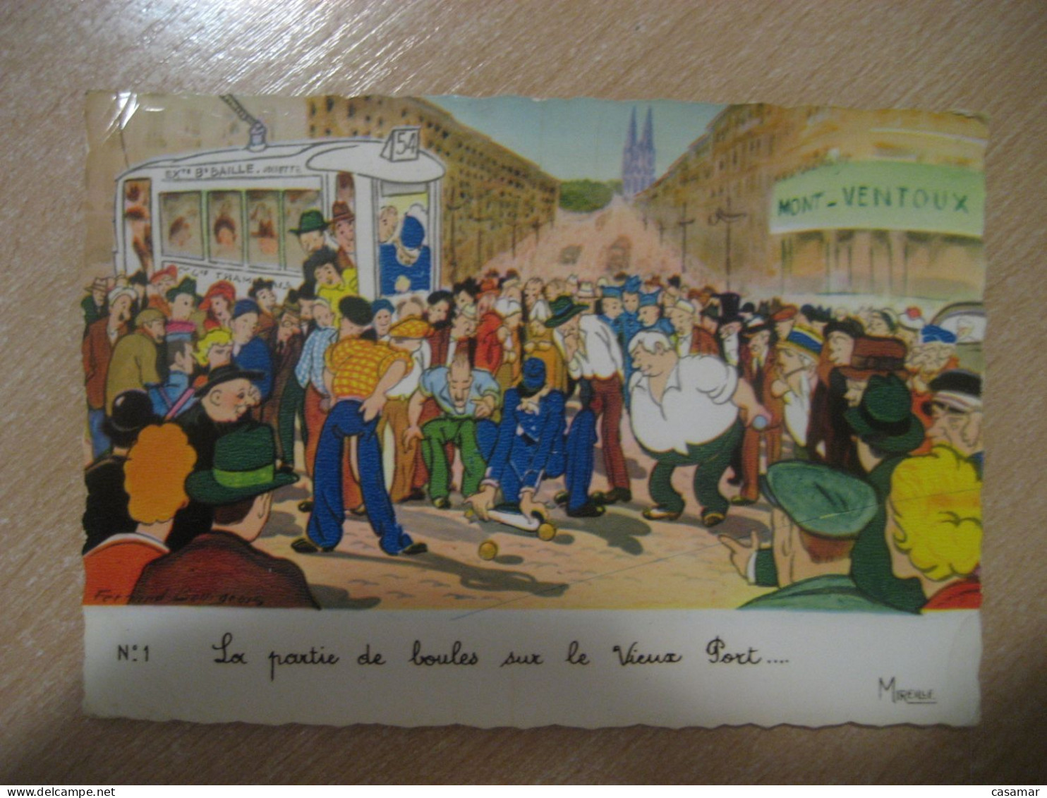 MARSEILLE Partie de Boules Vieux Port Bouches du Rhone tram tramway 1960 to Spain postcard FRANCE