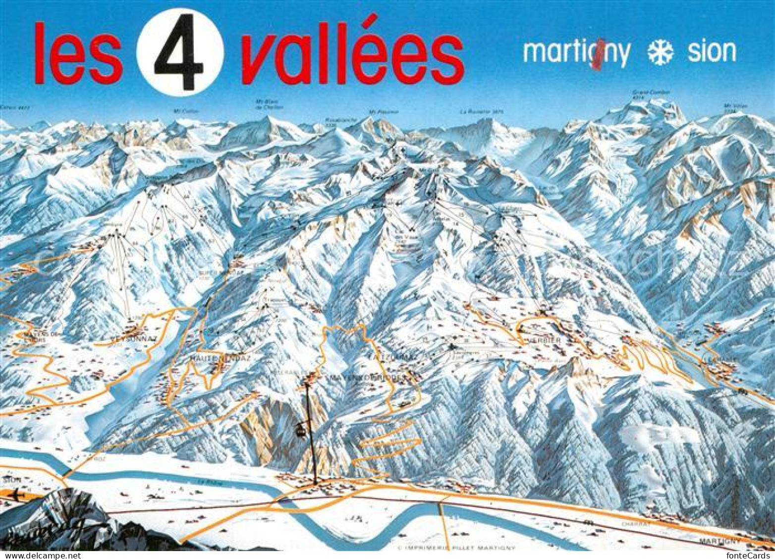 Martigny VS Panoramakarte mit Verbier Tsoumaz Nendaz Thyon Veysonnaz Les Collons