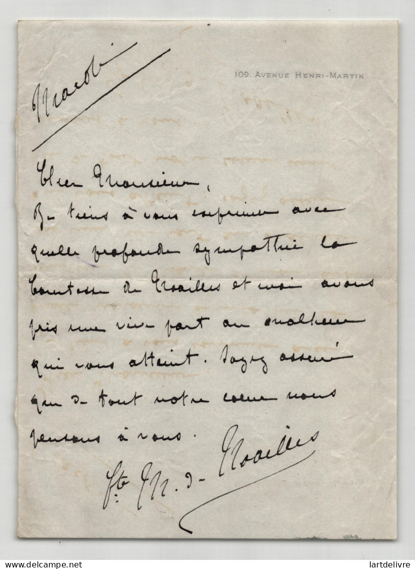 Mathieu de Noailles époux d'Anna de Noailles Poètesse, Lettre autographe signée