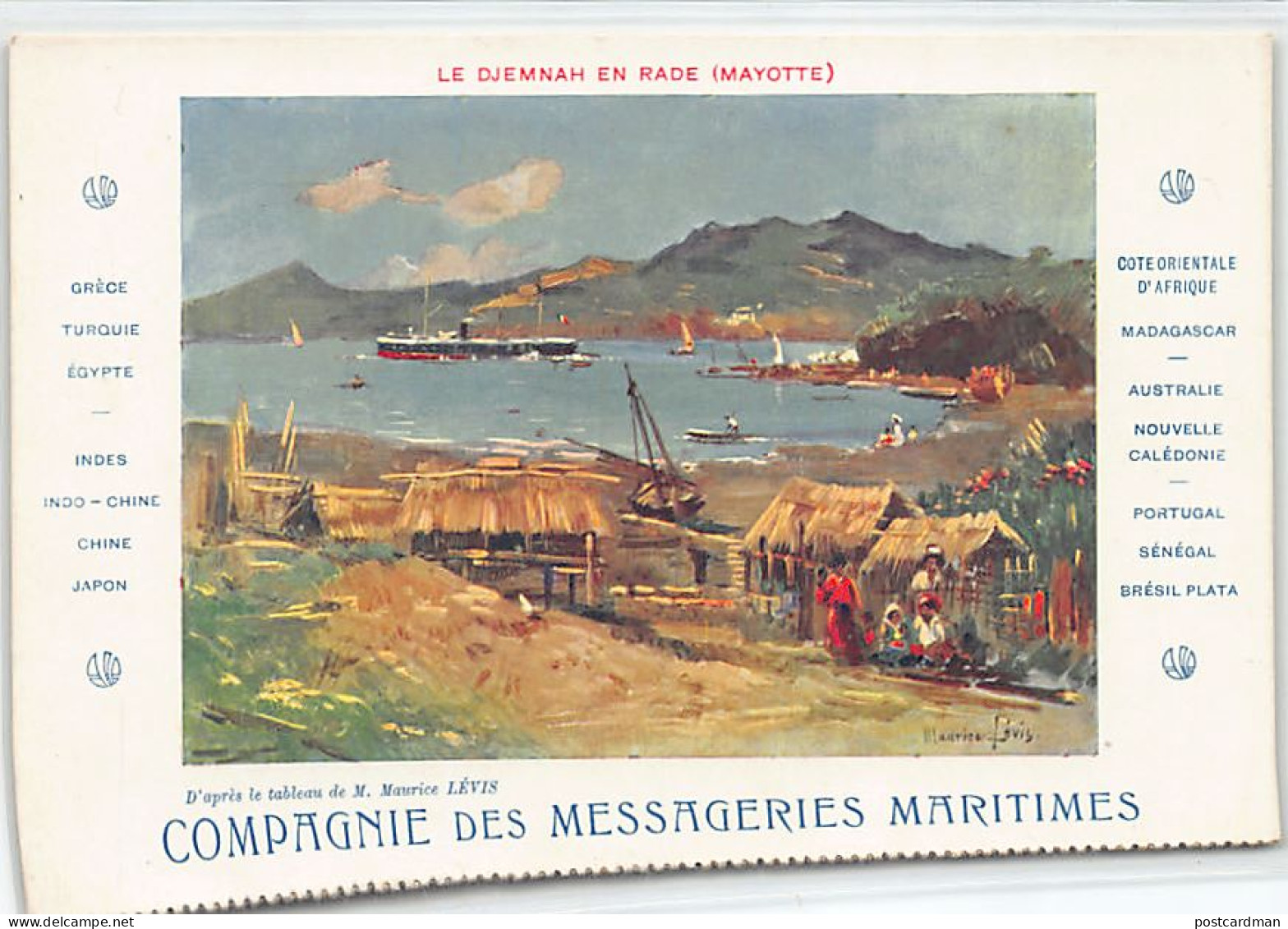 MAYOTTE - Le paquebot Djemnah en rade - D'après un tableau de Maurice Lévis - Ed. Messageries Maritimes