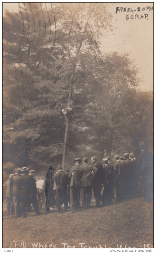 Meadville Pennsylvania, Allegheny College(?) Freshment-Sophomore Scrap Man in Tree, c1900s Vintage Real Photo Postcard