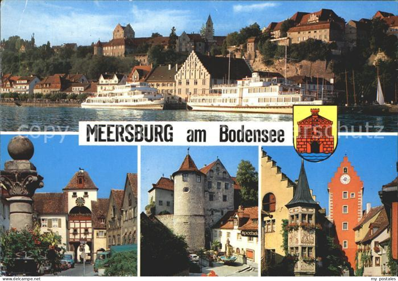 Meersburg Bodensee Teilansicht Faehre Stadttor Meersburg Erker