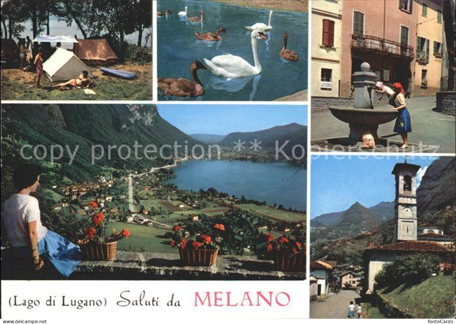 Melano Lago di Lugano Brunnen Kirche Schwaene Zelte