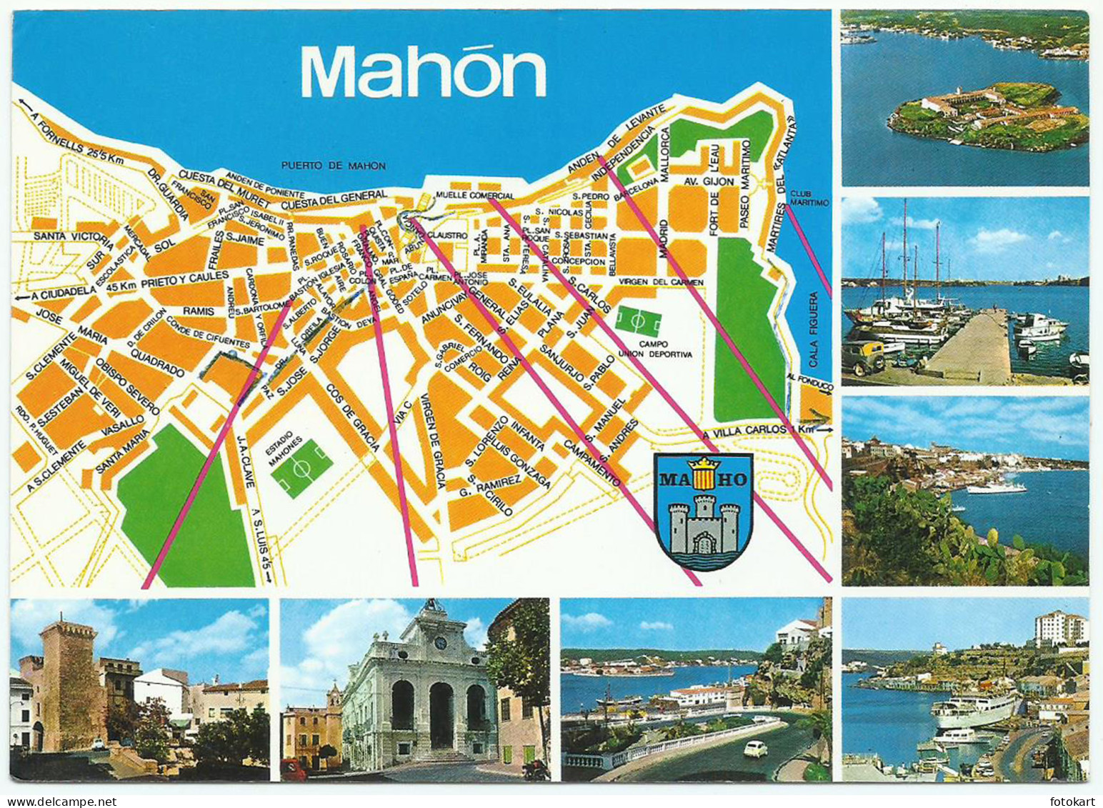 Menorca Spain, Vintage PC, Mahon Illustrated Map-Coat of Arms, 7 Views