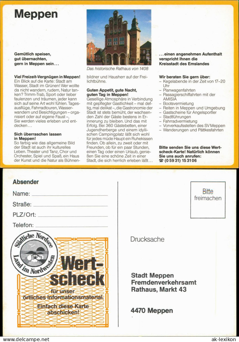 Meppen Bild-Postkarte Ortsansicht Rathaus Drucksache Antwortkarte 1980