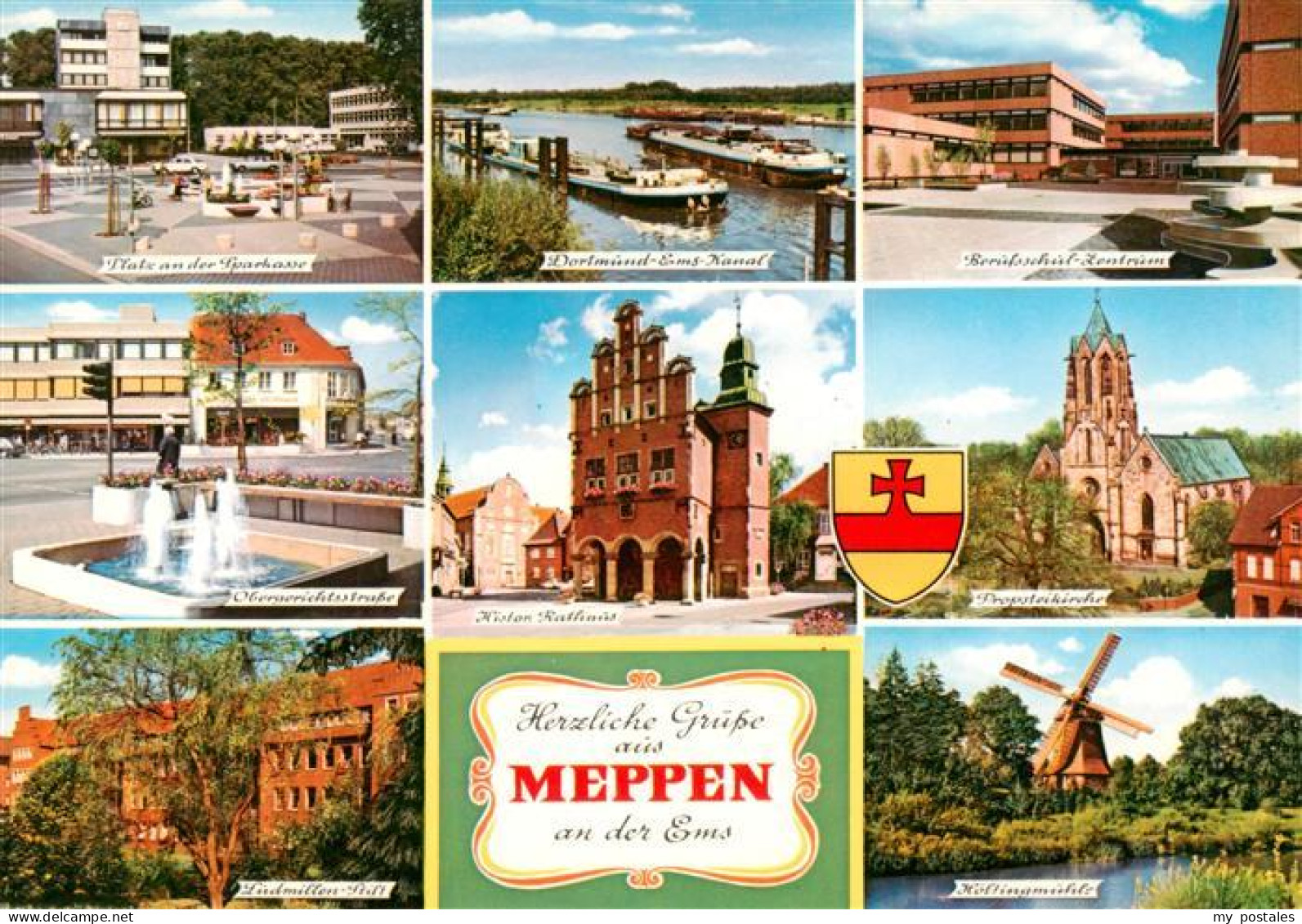 Meppen Ems Platz an der Sparkasse Dortmund Ems Kanal Berufsschulzentrum Brunnen