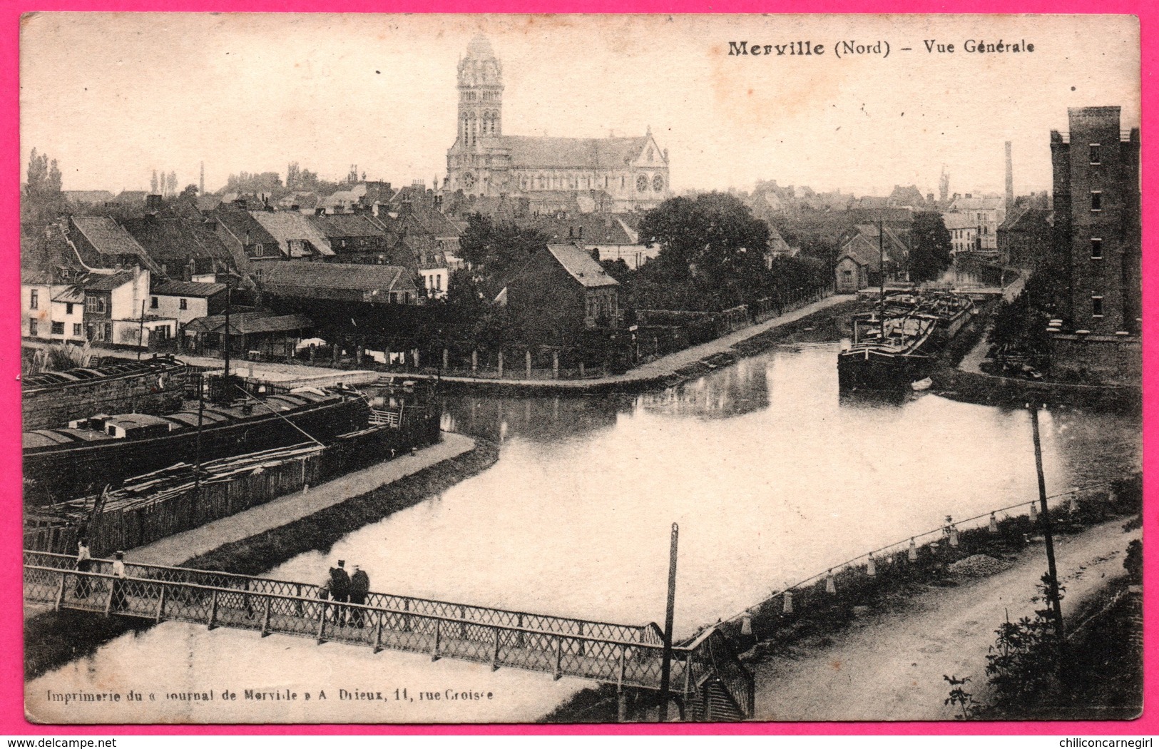 Merville - Vue générale - Péniche - Eglise - Animée - Imprimerie Journal A. DRIEUX
