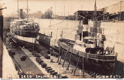 Mexico Dique Seco Salina Cruz Sailors Steamboats Harbor RPPC postcard