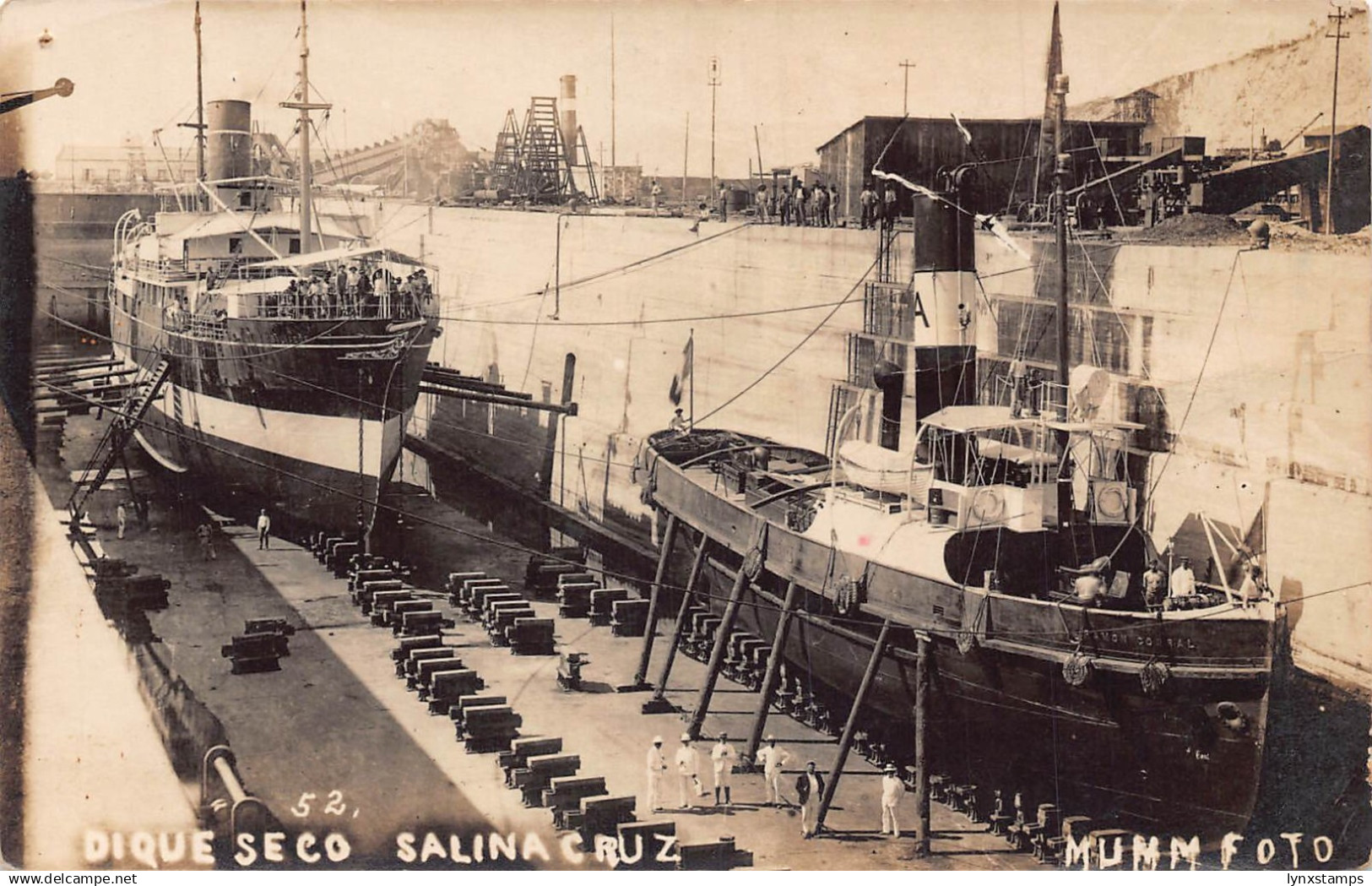 Mexico Dique Seco Salina Cruz Sailors Steamboats Harbor RPPC postcard