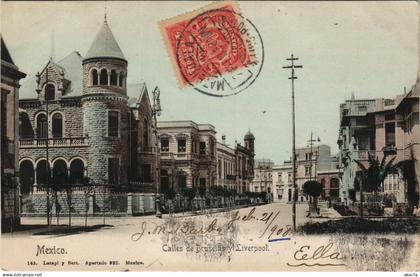 PC MEXICO, CALLES DE BRUSELAS Y LIVERPOOL, Vintage Postcard (b40953)