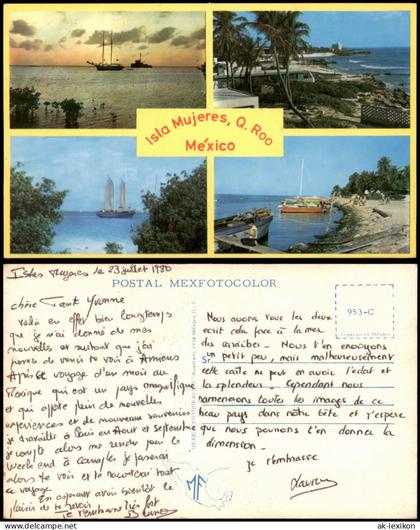 Postcard Isla Mujeres Mehrbildkarte mit Küstenansichten und Booten 1980