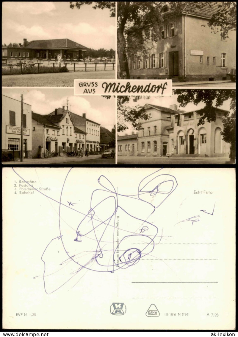 Michendorf DDR Mehrbild-AK mit Raststätte, Postamt, Bahnhof, Potsdamer Str. 1968