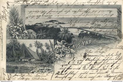 German Caroline Islands, Yap Island, Panorama, Native House (1906) Micronesia Postcard