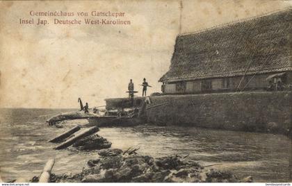 German Caroline Islands, Yap Island, Gatschepar Town Hall (1910s) Micronesia Postcard