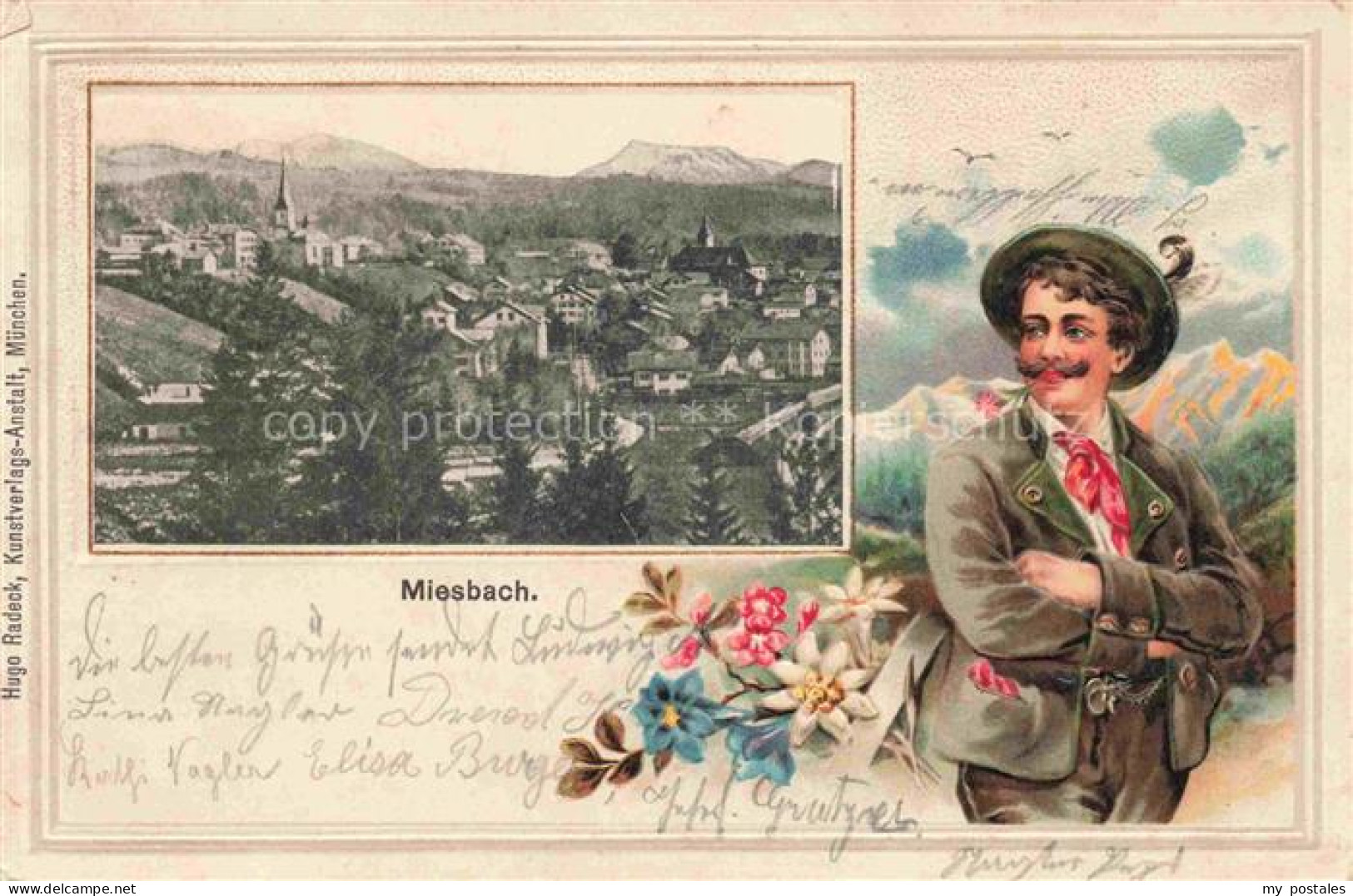 Miesbach Panorama Trachten Blumen Kuenstlerkarte