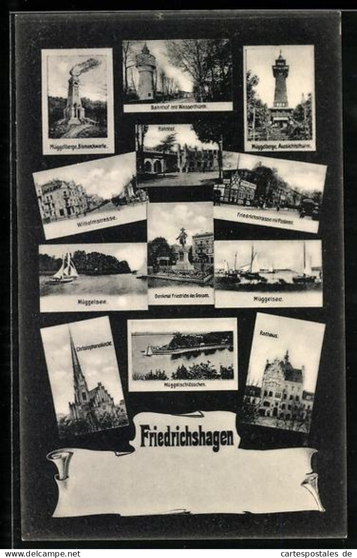 Mikroskop-AK Berlin-Friedrichshagen, Rathaus, Müggelsee, Bahnhof mit Wasserturm